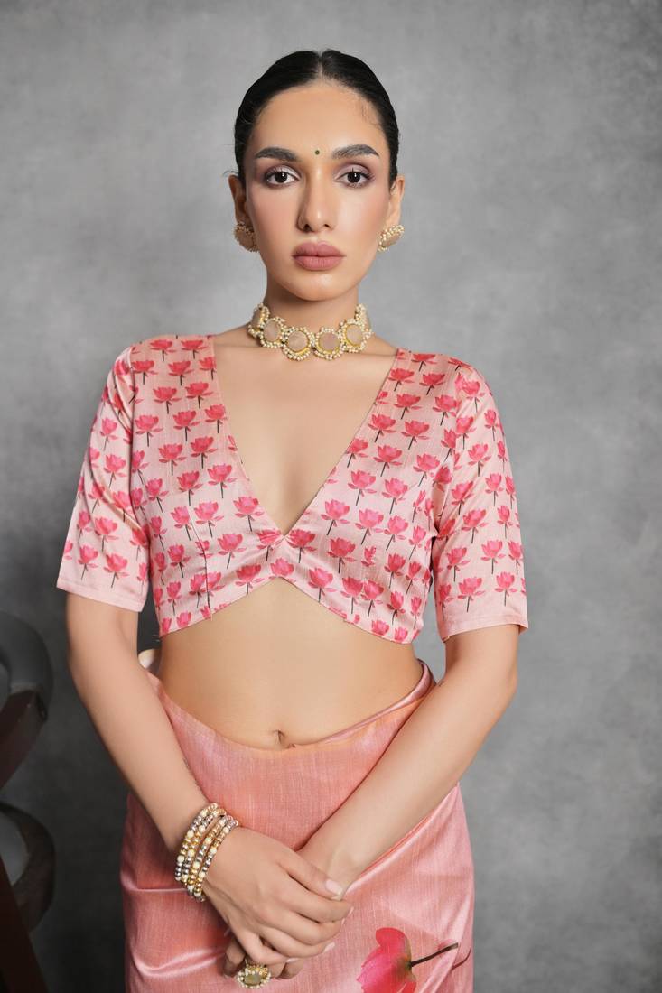 Peach Tussar Silk Lotus Printed Pallu & Designer  Border Saree With Blouse For Women