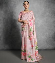 Pink Tussar Silk Lotus Printed Pallu & Designer  Border Saree With Blouse For Women