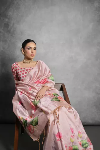 Pink Tussar Silk Lotus Printed Pallu & Designer  Border Saree With Blouse For Women