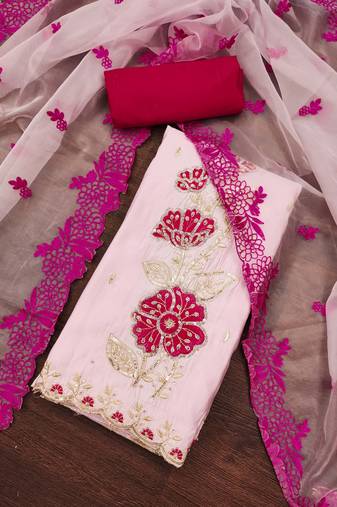 Pink Premium Roman silk blend Embroiderd Unstitched Dress Material