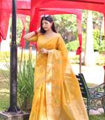 Yellow Linen Silk Zari Weaving Border& Fancy Rich Pallu With Linen Silk Blouse And Saree For Women 