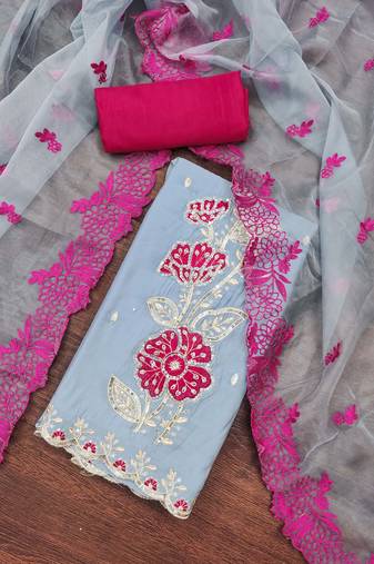 Grey Premium Roman silk blend Embroiderd Unstitched Dress Material
