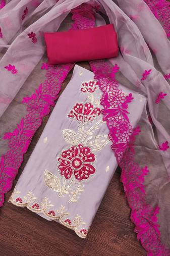 Lavender Premium Roman silk blend Embroiderd Unstitched Dress Material