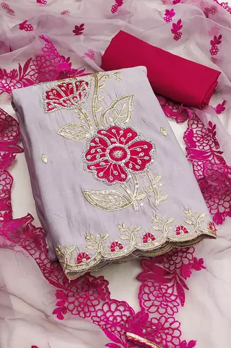 Lavender Premium Roman silk blend Embroiderd Unstitched Dress Material