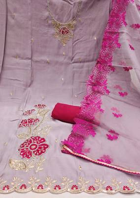 Lavender Premium Roman silk blend Embroiderd Unstitched Dress Material 3