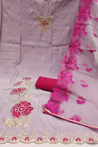 Lavender Premium Roman silk blend Embroiderd Unstitched Dress Material