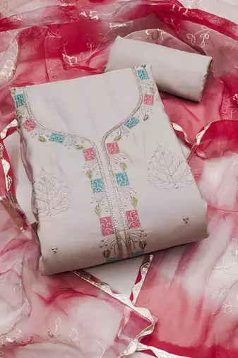 Beige Premium Roman silk blend Embroiderd Unstitched Dress Material