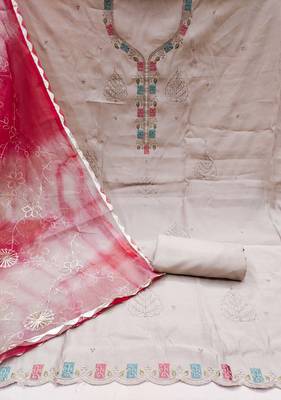 Beige Premium Roman silk blend Embroiderd Unstitched Dress Material 3