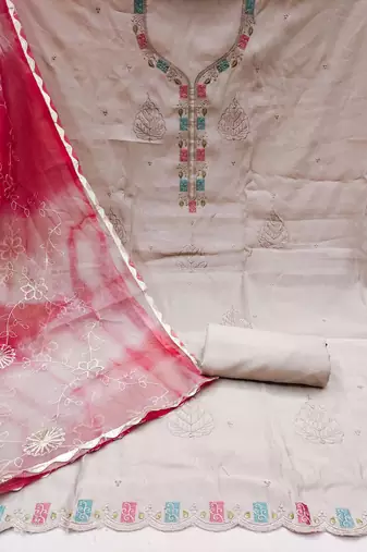 Beige Premium Roman silk blend Embroiderd Unstitched Dress Material