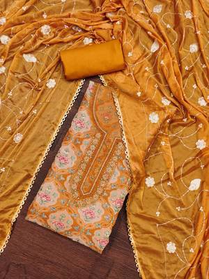 Mustard Viscose Organza Position Unstitched Dress Material 1