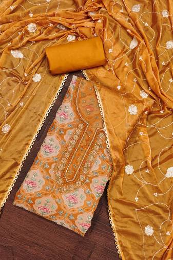 Mustard Viscose Organza Position Unstitched Dress Material