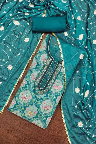 Teal Viscose Organza Position Unstitched Dress Material