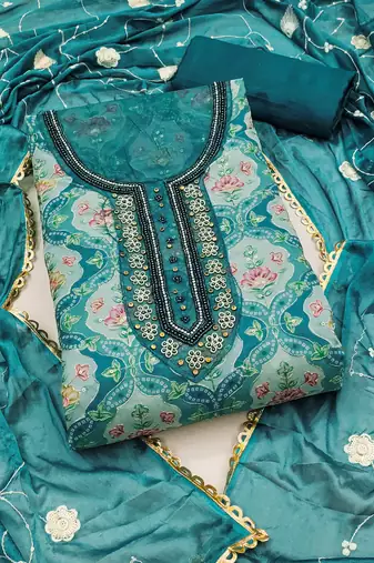 Teal Viscose Organza Position Unstitched Dress Material