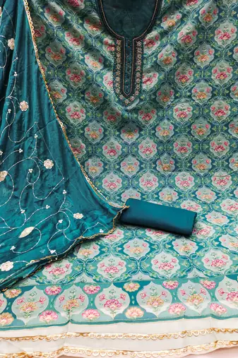 Teal Viscose Organza Position Unstitched Dress Material