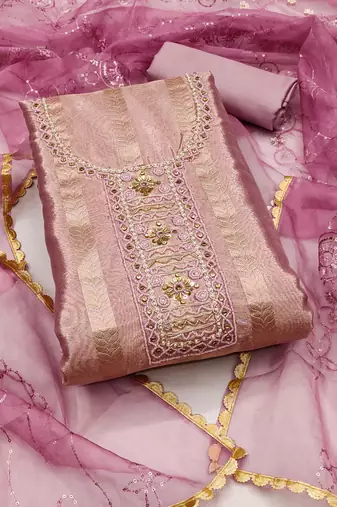 Onion Pink Viscose Organza Unstitched Dress Material