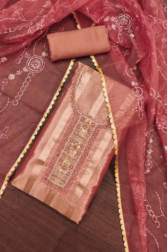 Peach Viscose Organza Unstitched Dress Material