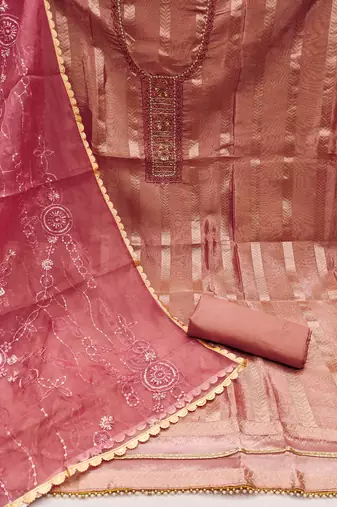 Peach Viscose Organza Unstitched Dress Material