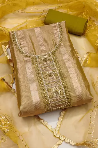 Olive Viscose Organza Unstitched Dress Material