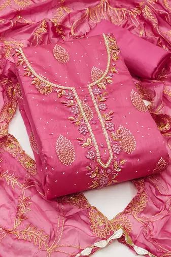 Pink Modal Hand Work Unstitched Dress Material