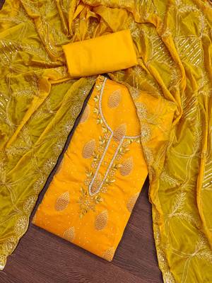 Yellow Modal Hand Work Unstitched Dress Material 1