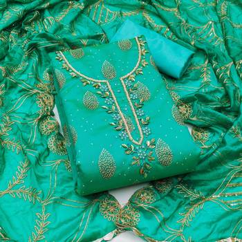 Turquoise Modal Hand Work Unstitched Dress Material 2