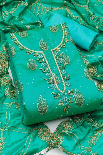 Turquoise Modal Hand Work Unstitched Dress Material