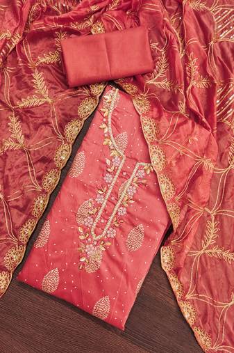 Peach Modal Hand Work Unstitched Dress Material