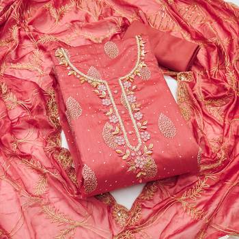 Peach Modal Hand Work Unstitched Dress Material 2