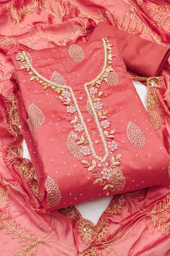 Peach Modal Hand Work Unstitched Dress Material