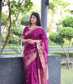 Purple Linen Silk Zari Weaving Border& Fancy Rich Pallu With Linen Silk Blouse And Saree For Women 