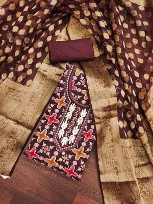 Coffee Viscose Organza Position Unstitched Dress Material 1