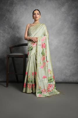 Pista Tussar Silk Lotus Printed Pallu & Designer  Border Saree With Blouse For Women 1