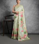 Pista Tussar Silk Lotus Printed Pallu & Designer  Border Saree With Blouse For Women