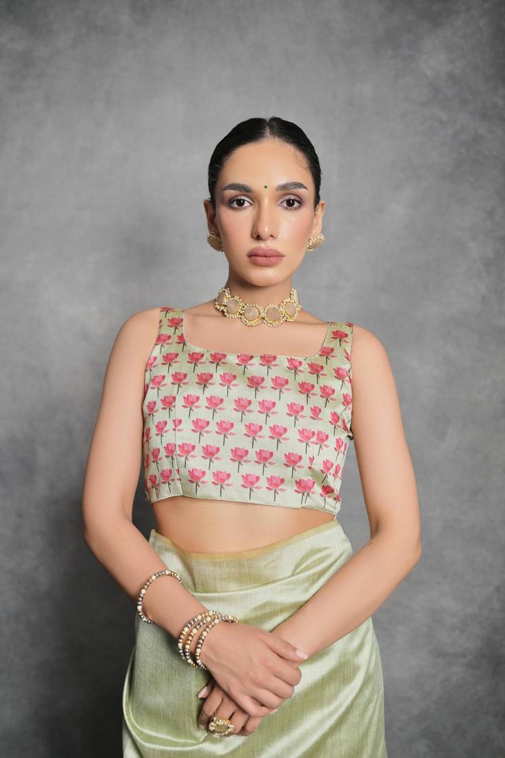 Pista Tussar Silk Lotus Printed Pallu & Designer  Border Saree With Blouse For Women