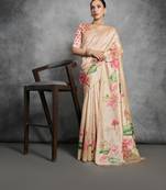 Yellow Tussar Silk Lotus Printed Pallu & Designer  Border Saree With Blouse For Women