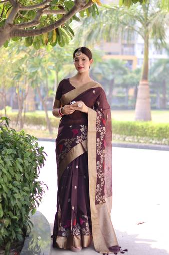 Brown Linen Silk Zari Weaving Border& Fancy Rich Pallu With Linen Silk Blouse And Saree For Women 