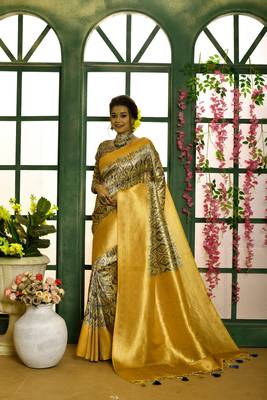 Yellow Soft Silk Printed Zari Weaving Border & Fancy Rich Pallu With Soft Silk Blouse And Saree For Women  1