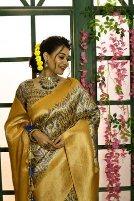 Yellow Soft Silk Printed Zari Weaving Border & Fancy Rich Pallu With Soft Silk Blouse And Saree For Women  3