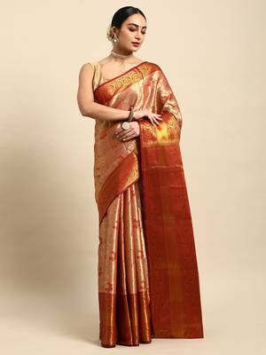 Maroon zari woven art silk kanchipuram saree with blouse 1