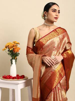 Maroon zari woven art silk kanchipuram saree with blouse 4