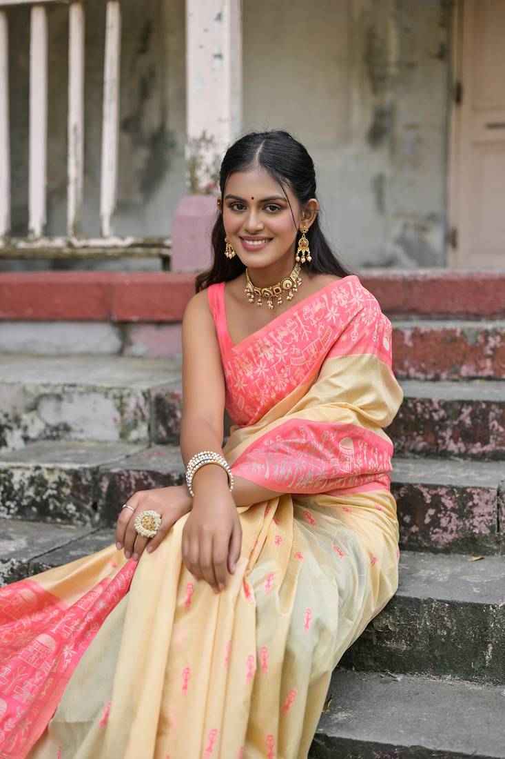 Light Pink Raw Silk Rich Designer Pallu & Designer Border Saree With Blouse For Women