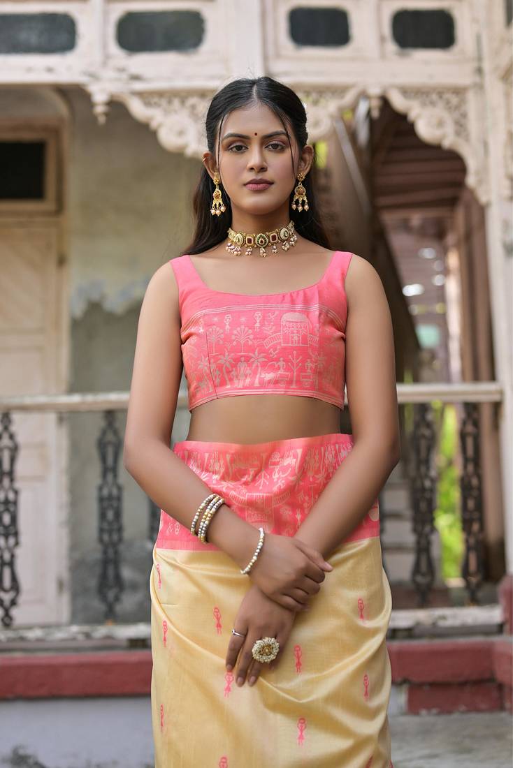 Light Pink Raw Silk Rich Designer Pallu & Designer Border Saree With Blouse For Women