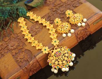 Designer matte finish peacock pendant necklace set 2