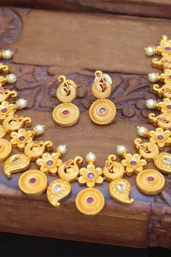 Designer matte finish peacock necklace set