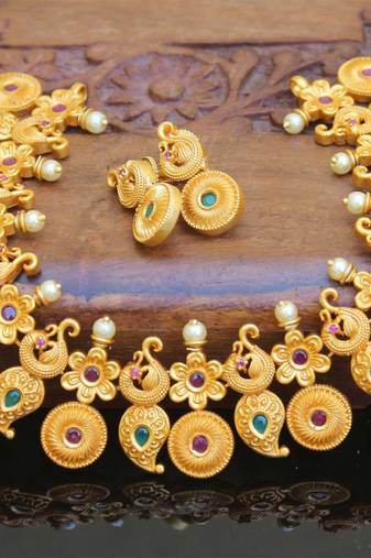 Designer matte finish peacock necklace set