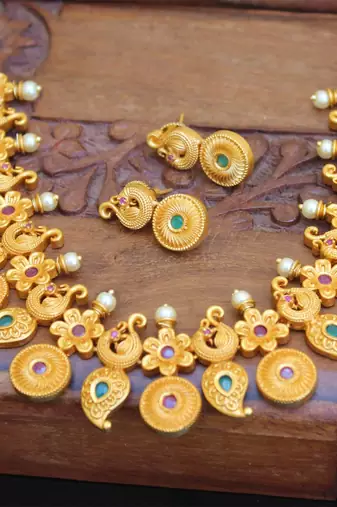 Designer matte finish peacock necklace set