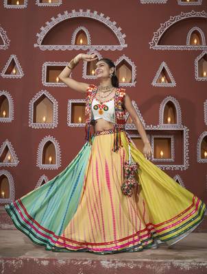 MULTICOLOR THREAD EMBROIDERED WITH MIRROR POLY SILK TRADITIONAL NAVRATRI PARTY FESTIVAL STITCHED LEHENGA CHOLI JACKET 1