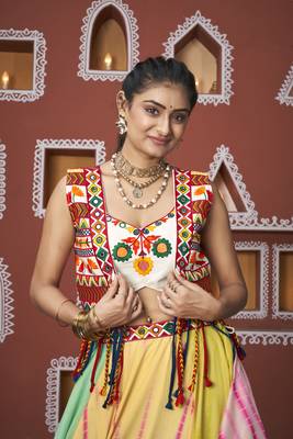 MULTICOLOR THREAD EMBROIDERED WITH MIRROR POLY SILK TRADITIONAL NAVRATRI PARTY FESTIVAL STITCHED LEHENGA CHOLI JACKET 3