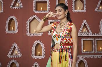 MULTICOLOR THREAD EMBROIDERED WITH MIRROR POLY SILK TRADITIONAL NAVRATRI PARTY FESTIVAL STITCHED LEHENGA CHOLI JACKET 4