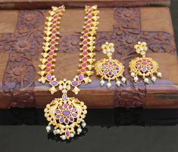 Designer matte finish ruby peacock pendant long necklace set 1